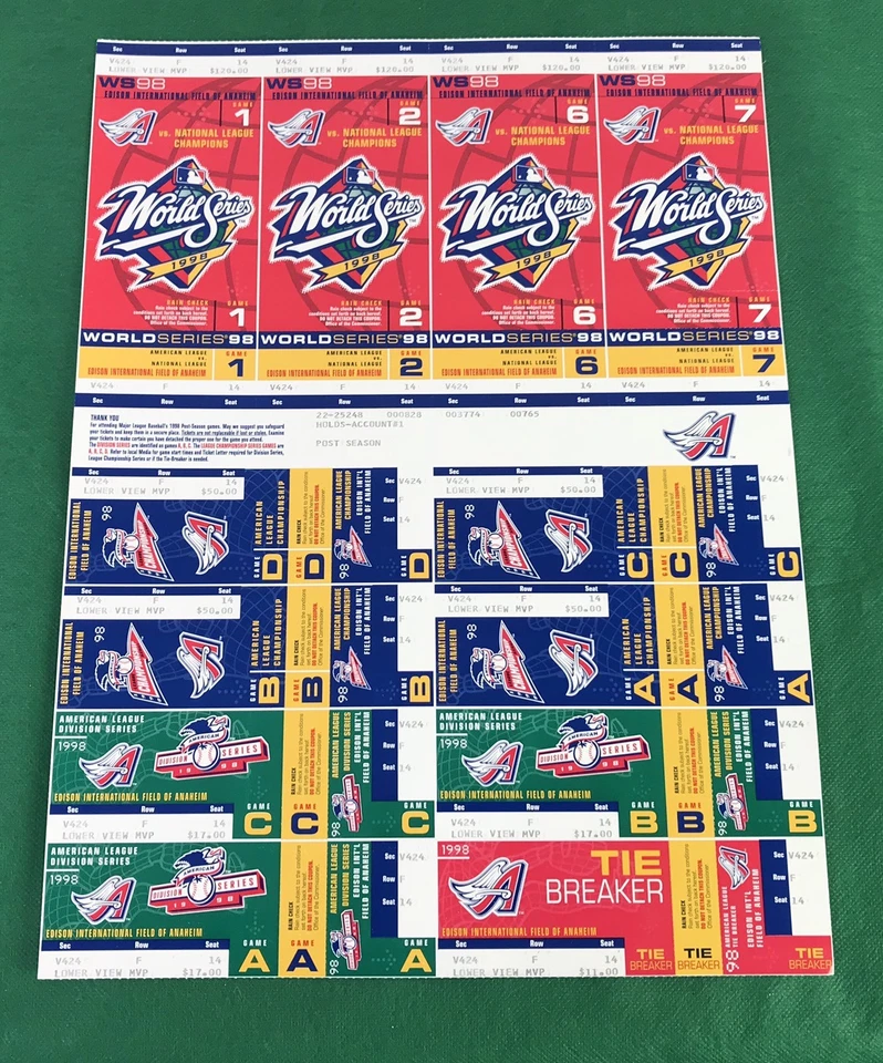 1998 PHANTOM Anaheim Angels AL Championship  World Series Unused Tickets Sheet - Image 1 of 4