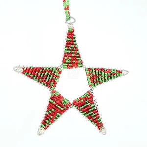 Red/ Green Africa Handmade Maasai Bead Wire Christmas Star Ornament - Picture 1 of 3