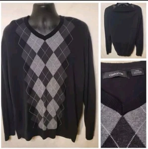 Claiborne Mens XXL Sweater 2XL Black V-Neck Argyle Gray 100% Cotton Chrlie Brwn - Picture 1 of 4