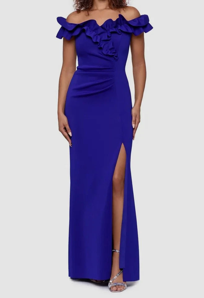 Xscape Women's Blue Ruffled Ruched Scuba Fit & Flare Gown Dress Size 6