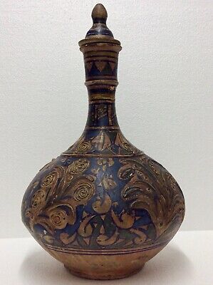 Antique Moroccan  Safi  Embossed Pottery Bottle Form Jug With Lid • 169£