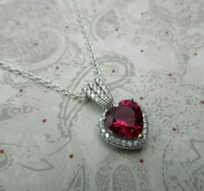 2.20Ct Heart Cut Lab Created Red Ruby Women's Pendant 14K White Gold Plated 18" - Image 1 of 4