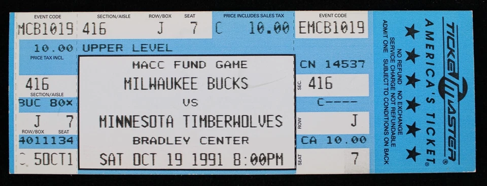 1991 Milwaukee Bucks vs. Minnesota Timberwolves Bradley Center Full Ticket - Image 1 of 1