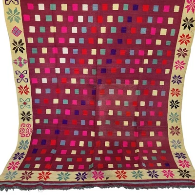 Vibrant Moroccan Handmade Pink Square Rug Kilim Maroon Wool Tribal Berber Carpet - Image 1 of 4