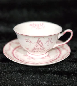 2 Christmas Pink White Teacup & Saucer Sets Porcelain Pinkmas Bows Tree Garland - Picture 1 of 19