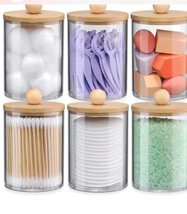 Bamboo Qtip Holders Canisters 6 Pack Bathroom Storage for Cotton Swabs Pads - Picture 1 of 4