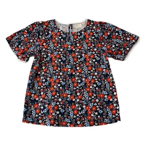 Womens Melloday Small Navy Red Short Sleeved Pull On Blouse lace Trim Keyhole - Picture 1 of 5