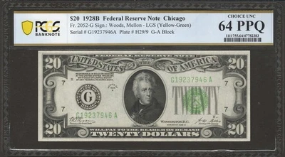  1928B $20 Chicago Federal Reserve  Fr. 2052-Glgs Light Green (GA Block) PCGS 64 - Image 1 of 2