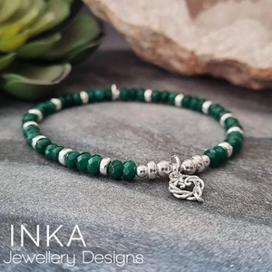 INKA Sterling Silver & Deep Green Agate  bracelet with a Heart Charm - Picture 1 of 10