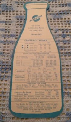 Tarjeta de puntuación de puente de contrato de botella de leche de colección, Meadow Gold, Snow & Palmer's Foto 1 de 4