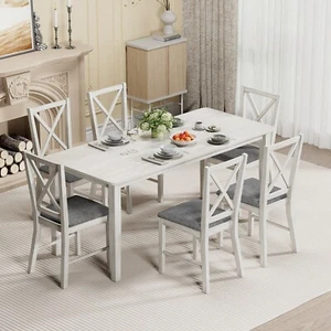 7-Piece Dining Room Table Set with 6 Upholstered Chairs Kitchen Stools Gray - Picture 1 of 28