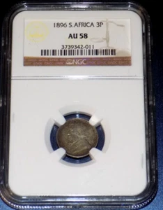 South Africa 1896 ZAR 3P TICKEY AU58 NGC 3 Pence Boer War Era Certified Coin KM3 - Picture 1 of 4
