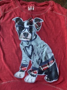 JUSTICE GIRLS SIZE 6 Sweatshirt TOP DOG PUPPY GLASSES FRENCH BULLDOG RED EUC - Picture 1 of 4
