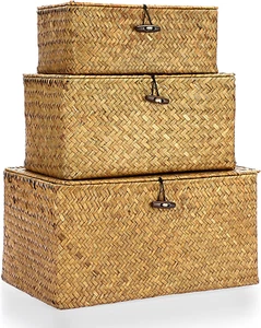 Set of 3 Wicker Storage Basket Bin with Lid - Large Handwoven Natural Seagrass S - Picture 1 of 10