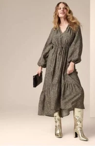 Women's Balloon Long Sleeve Tiered Midi Dress - A New Day Brown Leopard Print XL - Picture 1 of 5