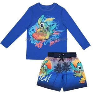 Disney Lilo and Stitch Boys Swimsuit Swim Trunks Rash Guard Shirt Size 5 6 8 12 - Picture 1 of 7
