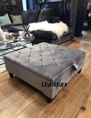 Ottoman Square footstool Storage Wood Grey fabric Coffee Table Foot Stool Box - Image 1 of 4