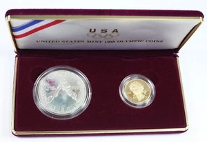 1988 US Mint Olympic Coins Proof Set Silver Dollar $5 Dollar Gold Coin Box + COA - Picture 1 of 6