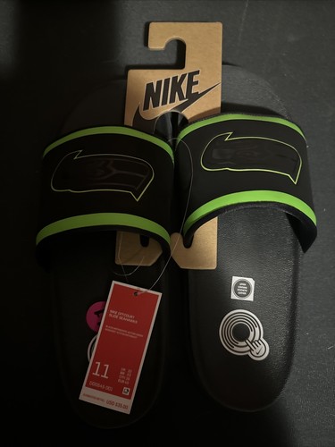 Scarpe sandali Nike Off Court Slides Seattle Seahawks da uomo taglia 11 nere nuove con etichette NFL