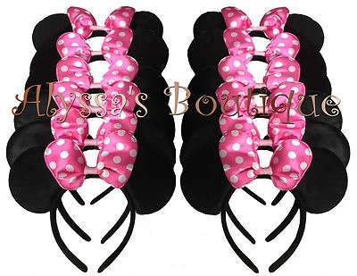 24 pc Minnie Mouse Ears Headbands Black Pink Polka Dot Bow Mickey Party Birthday - Image 1 of 4
