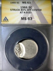 1966 ERROR ANACS MS63 80% OFF CENTER Jefferson Nickel CH BU Coin RARE DT O/C  NR - Picture 1 of 4