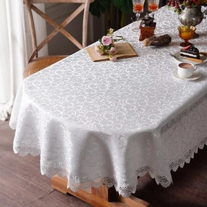 Oval Tablecloth White Jacquard Table Cloth with Exquisite Lace Border Fall Fa... - Picture 1 of 6
