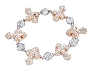 Men's Cross and Beads 17 1/2CT Real Diamond Bracelet 10k Rose/White Gold 9" - Picture 1 of 5