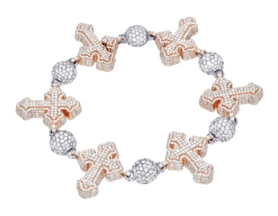 Men's Cross and Beads 17 1/2CT Real Diamond Bracelet 10k Rose/White Gold 9" - Image 1 of 4