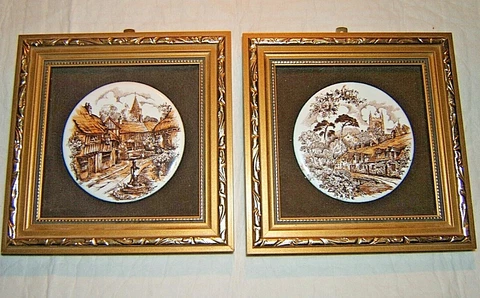 Pair of lovely Round Porcelain  Pictures in Gold Frame  5 1/2" Sq Cover