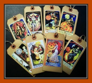 VINTAGE HALLOWEEN GREETINGS HANG TAGS - PRIMITIVE OLD WITCHES WITH SAYINGS - Picture 1 of 4