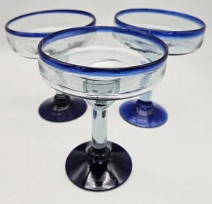 3 Hand Blown Mexican Margarita Glasses Cobalt Blue Rim and Base Pontil Mark - Picture 1 of 14