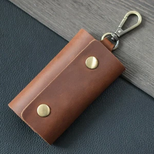 LEATHER Car Key Chain Ring Keys Holder Pouch Case Wallet Organizer Bag Brown US - Picture 1 of 12