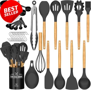 Silicone Cooking Utensils, 24 Pcs, Non-Stick, with Holder, Black/Gray - Picture 1 of 12