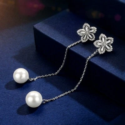 18K White Gold GF Cubic Zirconia Long Chain Pearl Drop Flower Earring Jackets Foto 1 de 4