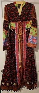 J Peterman Kaftan Women's Sz 8 Red Green Purple Cotton L/S Pockets-Vintage - Picture 1 of 11