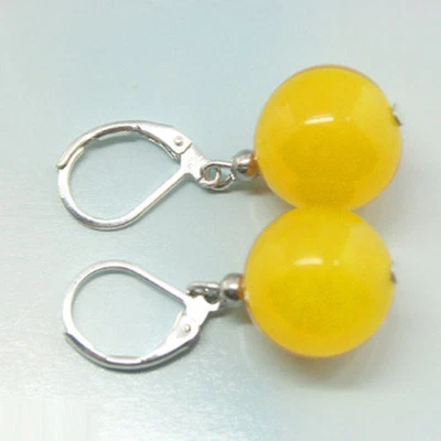 2 pares de brincos de gancho de prata com miçangas redondas de jade amarela nova moda 10 mm - Imagem 1 de 3