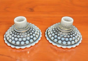 Hobnail White Opalescent Glass Candlestick Candle Holders Pair Vintage Taper - Picture 1 of 11