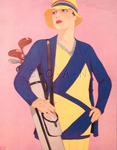 Sports Postcard- Golf Magazine Cover- Art Deco Flapper Woman Holds Golf Clubs Cover