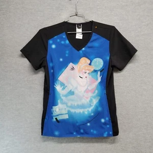 Disney Women Scrub Top Small Blue Cinderella Graphic Pockets Short Sleeve V Neck - Picture 1 of 8