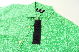 REPLAY Men M Green Shirt Long Sleeve Patterned Cotton Collared Cutaway Fit - Picture 1 of 10