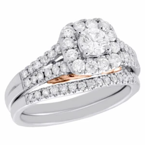 14K Two Tone Gold Solitaire Diamond Wedding Ring Split Shank Halo Bridal Set 1CT - Picture 1 of 7