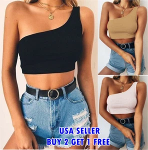 Women One Shoulder Casual Stretch Crop Cropped Tank Top Sleeveless Shirt M - XL - Picture 1 of 5