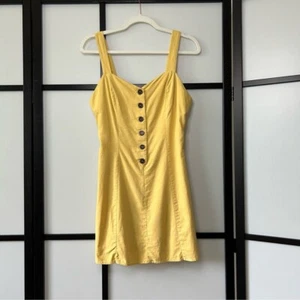 [M] Linen Luxe Golden Yellow Summer Cotton Blend Mini Dress With Brown Buttons - Picture 1 of 14