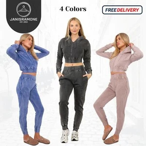 Womens Acid Wash Cropped Zip Hoodie Fleece Joggers Tracksuit 2Pcs Loungewear Set - Picture 1 of 24