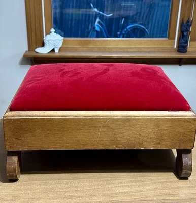Vintage Red Velvet Walnut ? Wood Wooden  Small Footstool Foot Rest Mid Century - Image 1 of 4