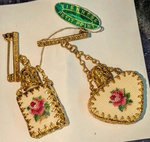 TWO Vintage Austrian Petit Point Filigree Gilt Glass Perfume Bottle Brooch Pins - Picture 1 of 24