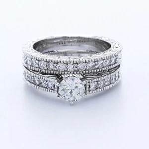 18K Gold Engagement Ring Set Vintage 2.20 Carat Round Lab-Grown Diamond D VS1 - Picture 1 of 12