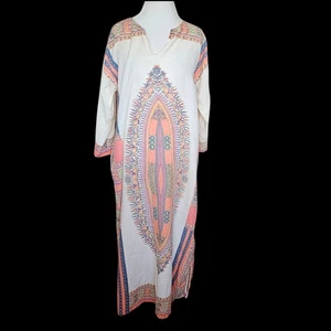 VTG 70s Hippie Boho Kaftan Side Slits Thin African Print Cotton One Size Repaird - Picture 1 of 11