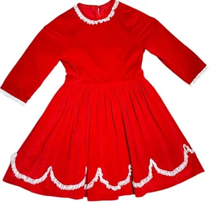 Vintage 1970s 70s Girls Red Velvet Long Sleeve Lace Trimmed Dress 8 - 10 - Picture 1 of 16