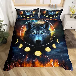 Boys Wolf Duvet Cover Set Queen Size, Boho Wolf Bedding Set for Kids Man, Modern - Picture 1 of 7